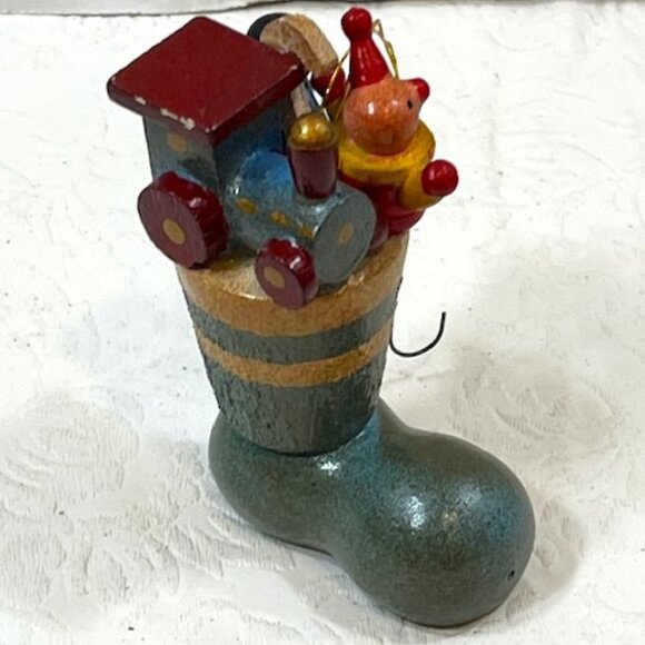VTG Christmas Boot w/Clown, Train, Candy Cane Wooden Tree Ornament 1.75"x3" - Picture 1 of 11